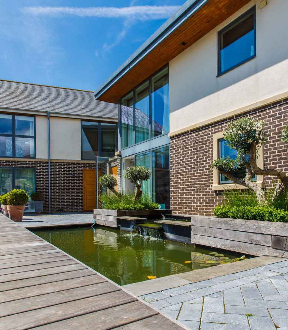 Pond design with olive trees