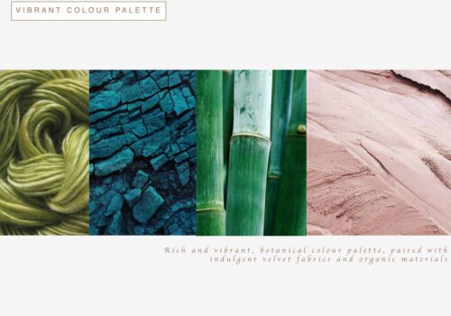 A vibrant color palette features four textured images: green yarn, cracked blue earth, tall bamboo, and rosy soil. Beneath, text describes an indulgent, botanical-inspired aesthetic with velvet and organic materials.