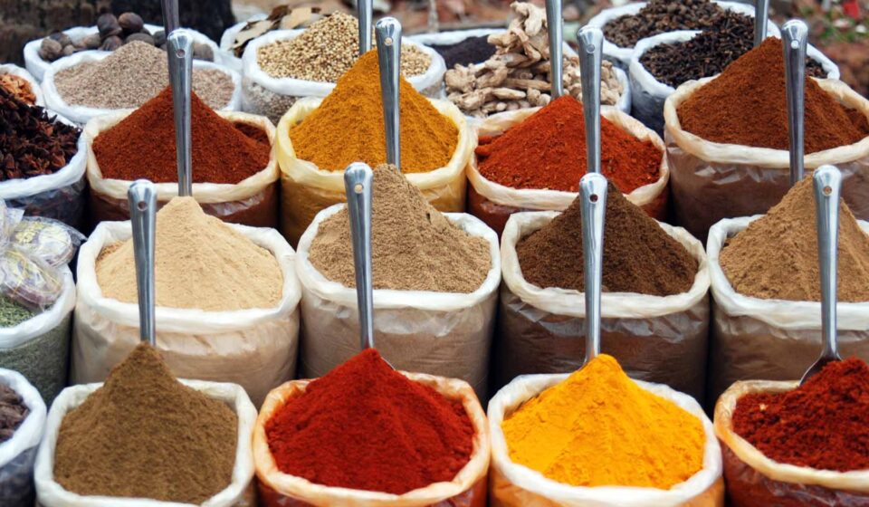 Numerous bags filled with various colored spices sit in a market setting. Each bag has a metal scoop on top, showcasing a vibrant array of textures and hues.
