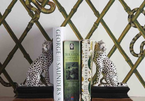 Two ceramic leopard bookends flank three books on a shelf, set against a patterned wallpaper featuring green snakes. The titles visible include works by George Saunders and J.R.R. Tolkien.
