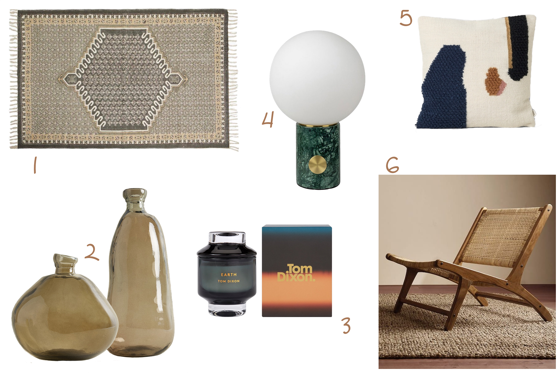 A decorative rug lies flat, two glass vases rest beside a candle in a black jar, a round lamp stands on a green marble base, and a textured throw pillow sits near a wooden chair on a woven mat.