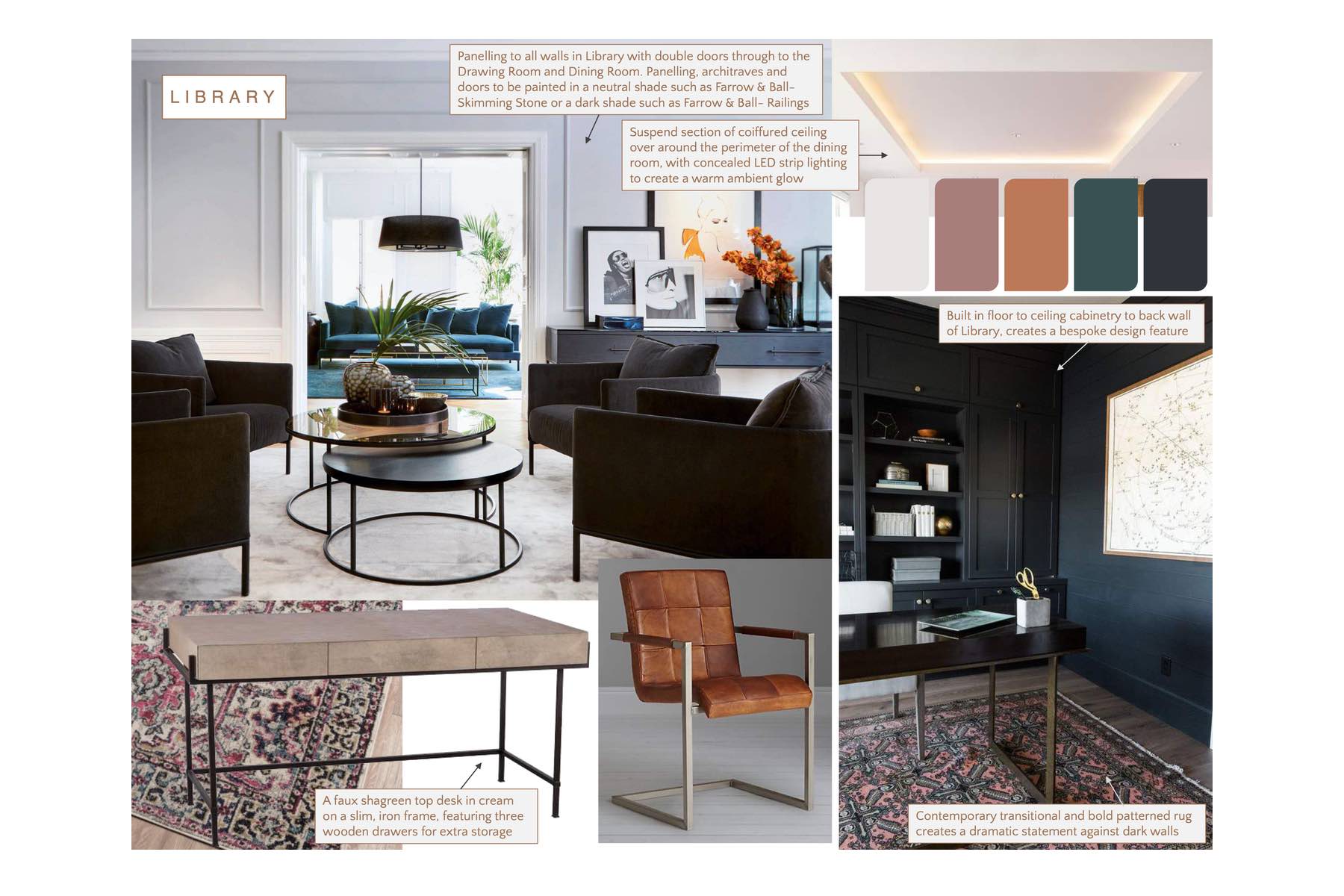 A stylish library features dark furnishings, including armchairs and a coffee table, with built-in cabinetry and ambient lighting. Decorative elements create a sophisticated and warm environment.
