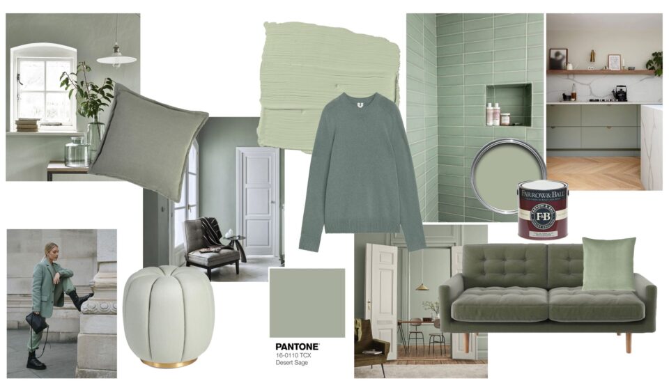 Sage green mood board with sofa, paint samples, tiles, soft furnishings