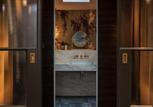 View of bathroom from sliding doors