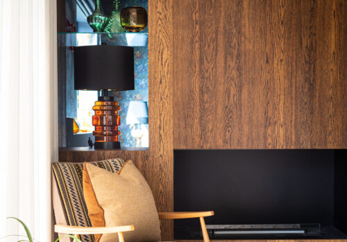 dual aspect media wall in our mid century modern beach house