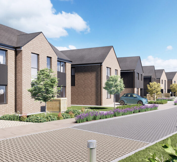Render of property development street in Sussex - row of 10 houses with driveways and each with different interior design and architecture