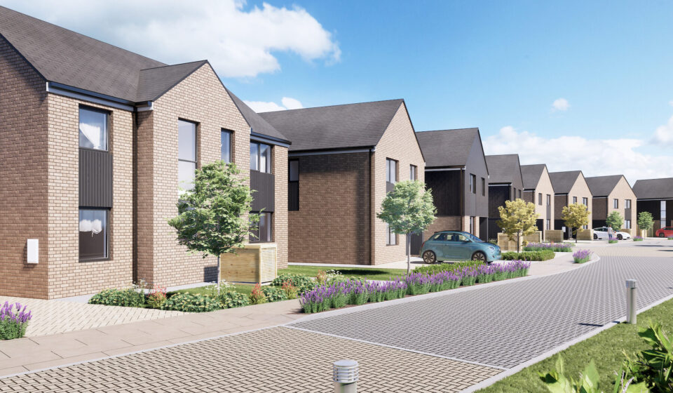 Render of property development street in Sussex - row of 10 houses with driveways and each with different interior design and architecture