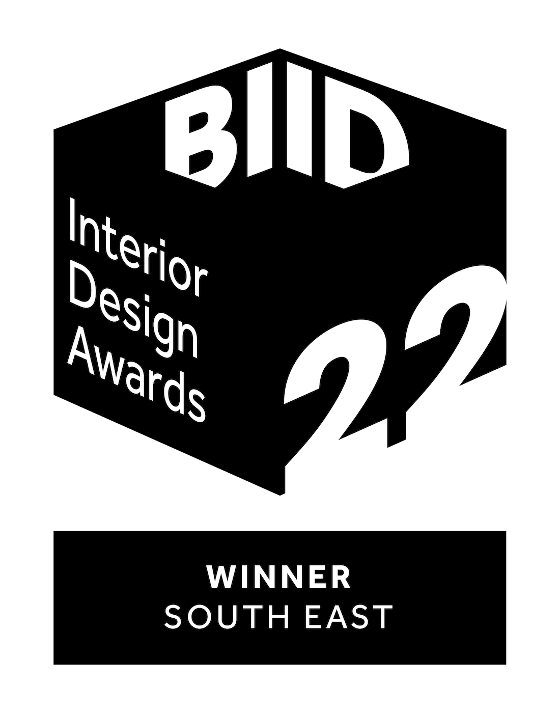 A hexagonal logo prominently displays "BIID Interior Design Awards 22," indicating a winner from the Southeast region. The design is sleek and modern, emphasizing recognition in interior design.