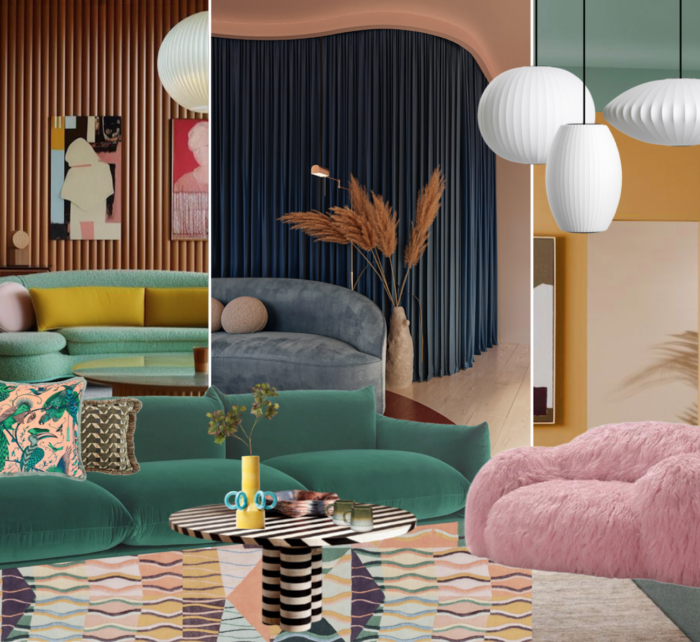 A series of stylish living room designs feature curved sofas, vibrant colours, and decorative plants. Each space showcases unique art and lighting, creating a modern, inviting atmosphere.