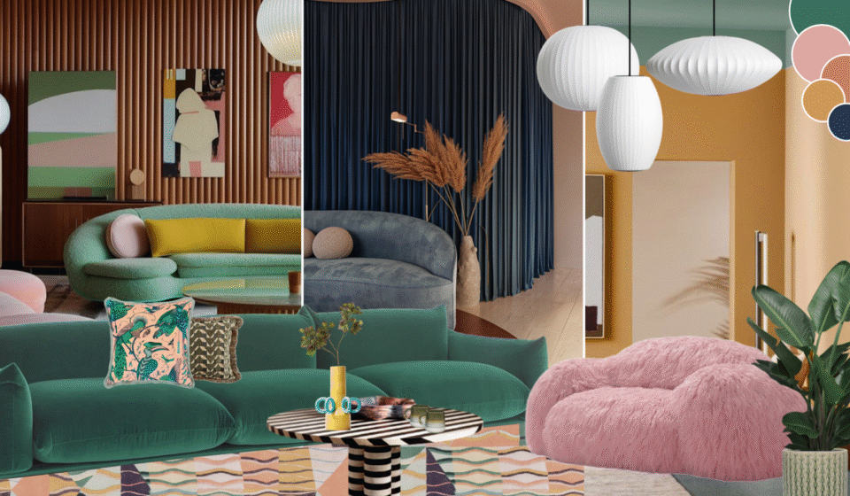 A series of stylish living room designs feature curved sofas, vibrant colours, and decorative plants. Each space showcases unique art and lighting, creating a modern, inviting atmosphere.