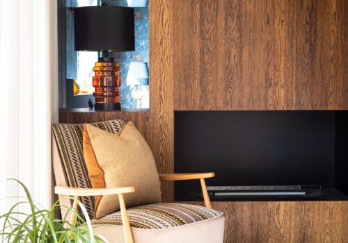mid century modern beach house in East Sussex bespoke joinery wall with sustainable timber