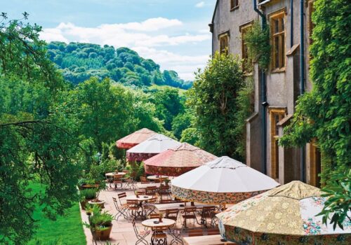 exterior view of restaurant outdoor seating with beautiful scenery