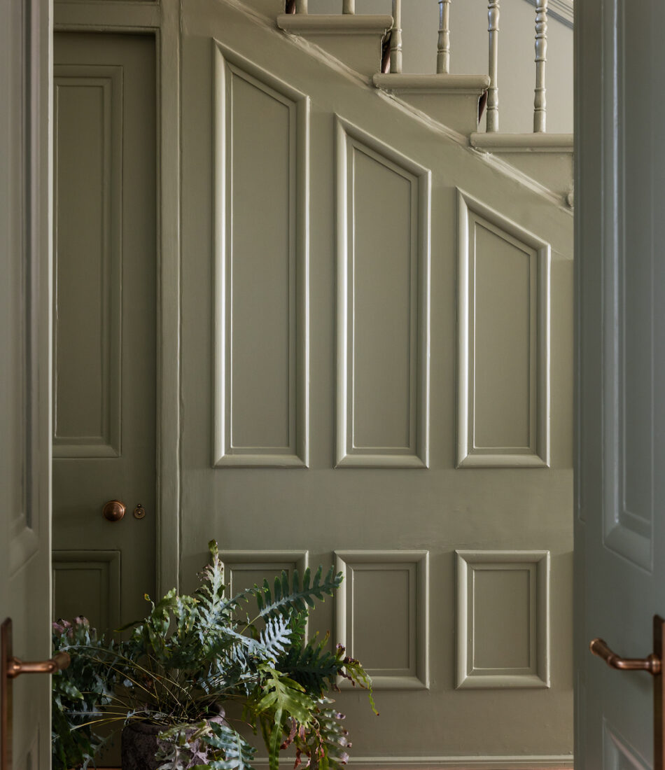 Traditional panelled staircase in green paint with large plant