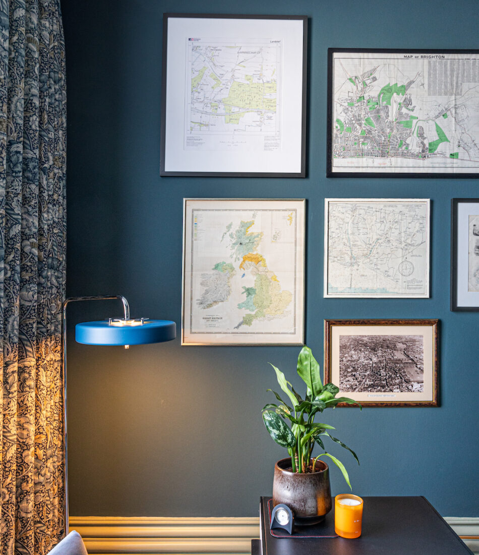 Study, Desk, Library space with navy walls and blue, orange pops of colour, patterned curtains and framed collage of maps
