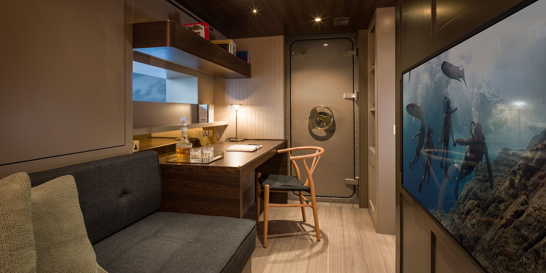 Luxury Yacht Interior Design England UK Principal Bedroom & Snug Area