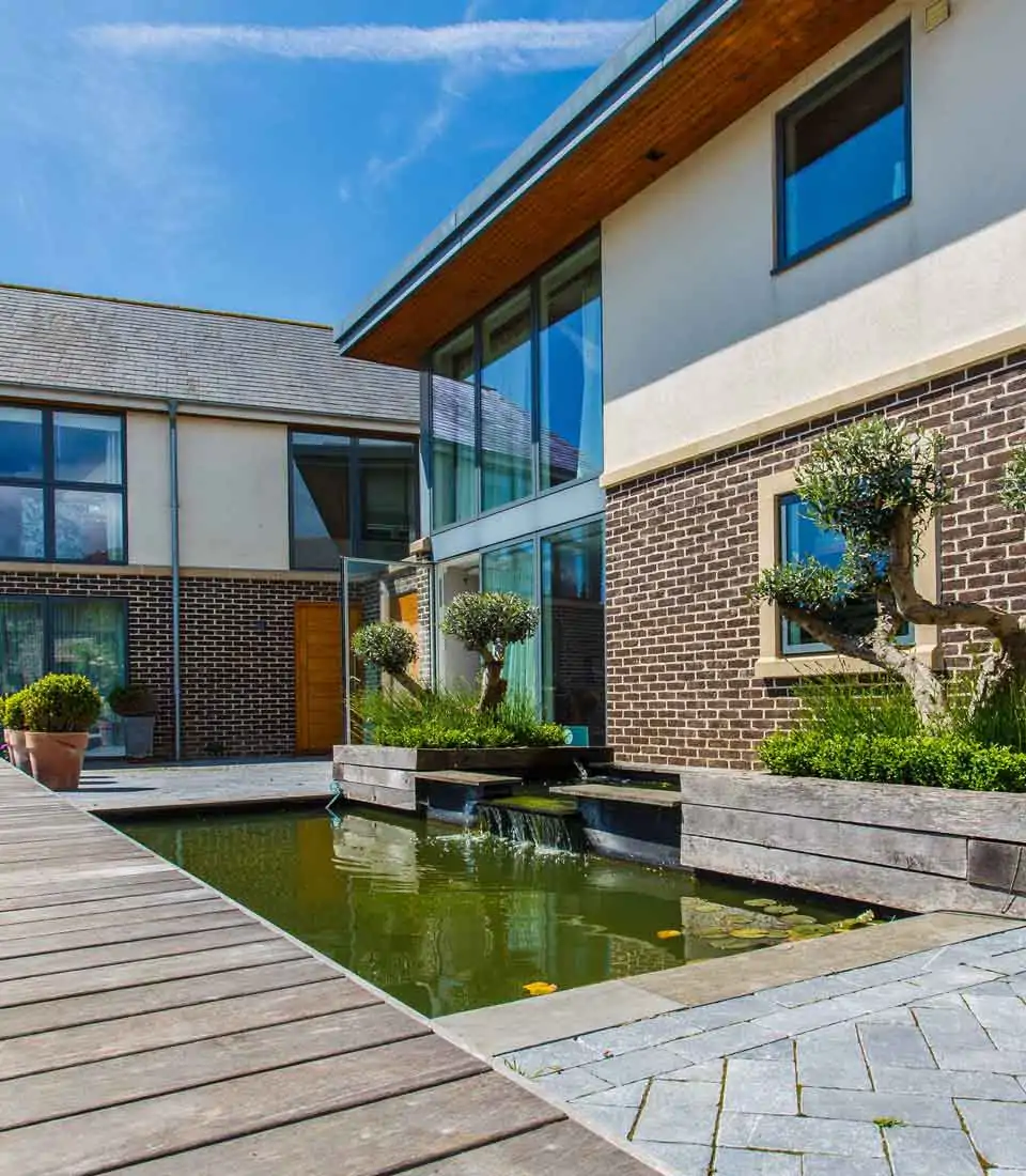 Pond design with olive trees