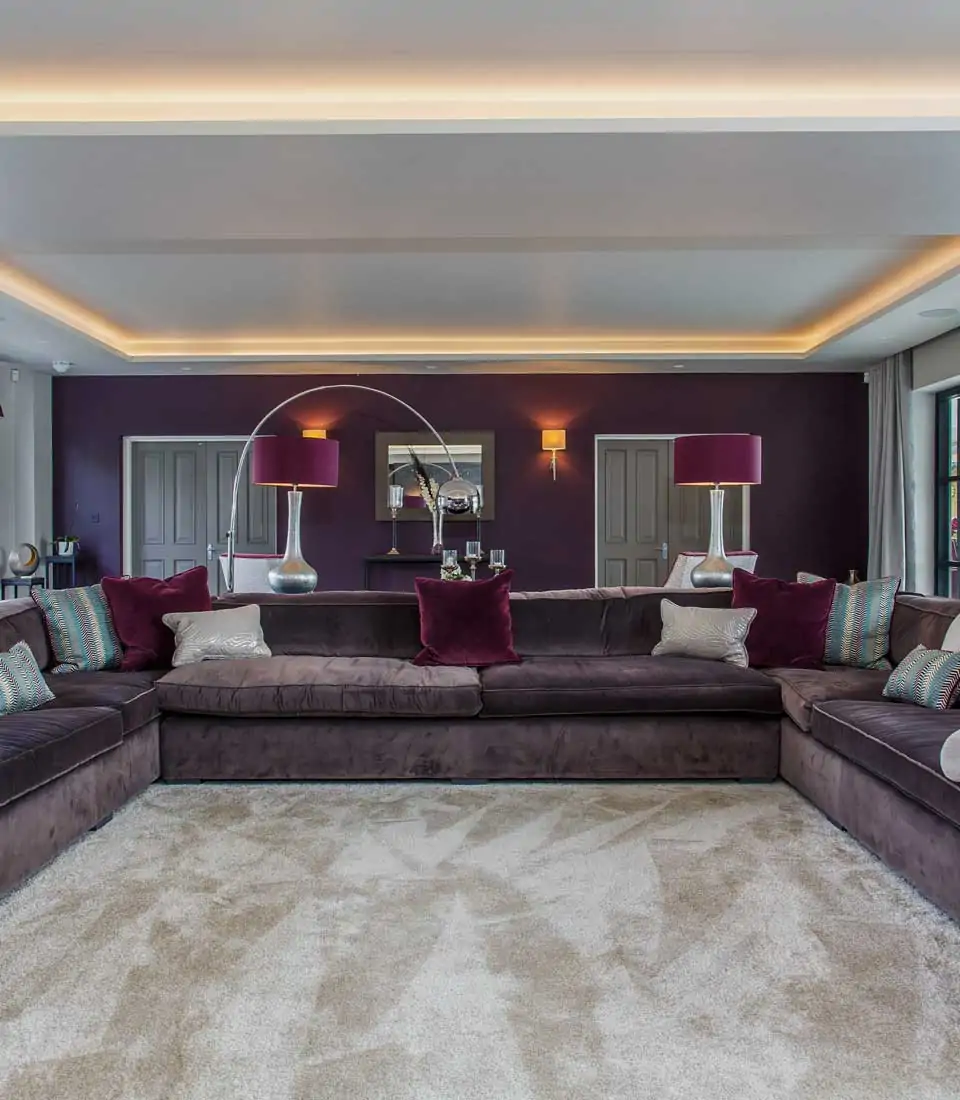 Plum and grey modern living room design