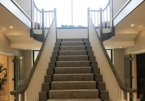 A carpeted staircase rises centrally, flanked by white railings, leading to a bright window. Attractive double doors are visible on the sides, and a plant adds greenery.
