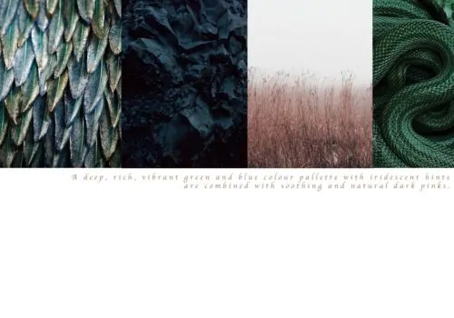"A series of four panels displays textured surfaces: iridescent feathers, dark foliage, dry grasses, and a green rope, showcasing a harmonious blend of green, blue, and dark pink tones. Text: ""A deep, rich, vibrant green and blue colour palette with iridescent hints are combined with soothing and natural dark pinks."""