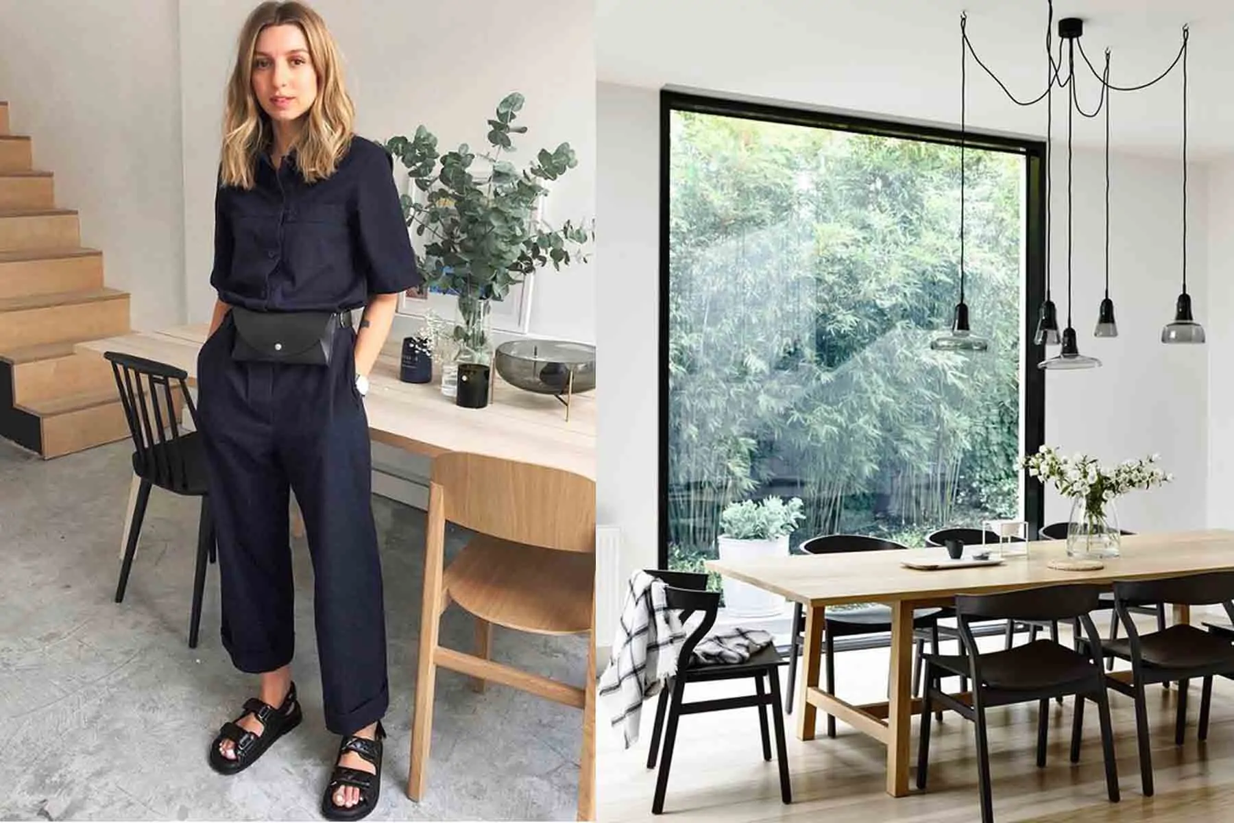 A woman in a dark outfit stands confidently beside a wooden dining table. Natural light streams in from a large window, illuminating a modern, minimalistic dining area with plants and elegant decor.