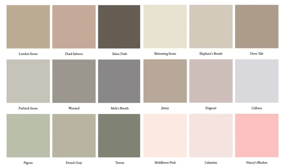 A grid displays twelve color squares, each labeled with names such as "London Stone," "Elephant's Breath," and "Nancy's Blushes," showcasing a palette of muted tones in various soft shades.