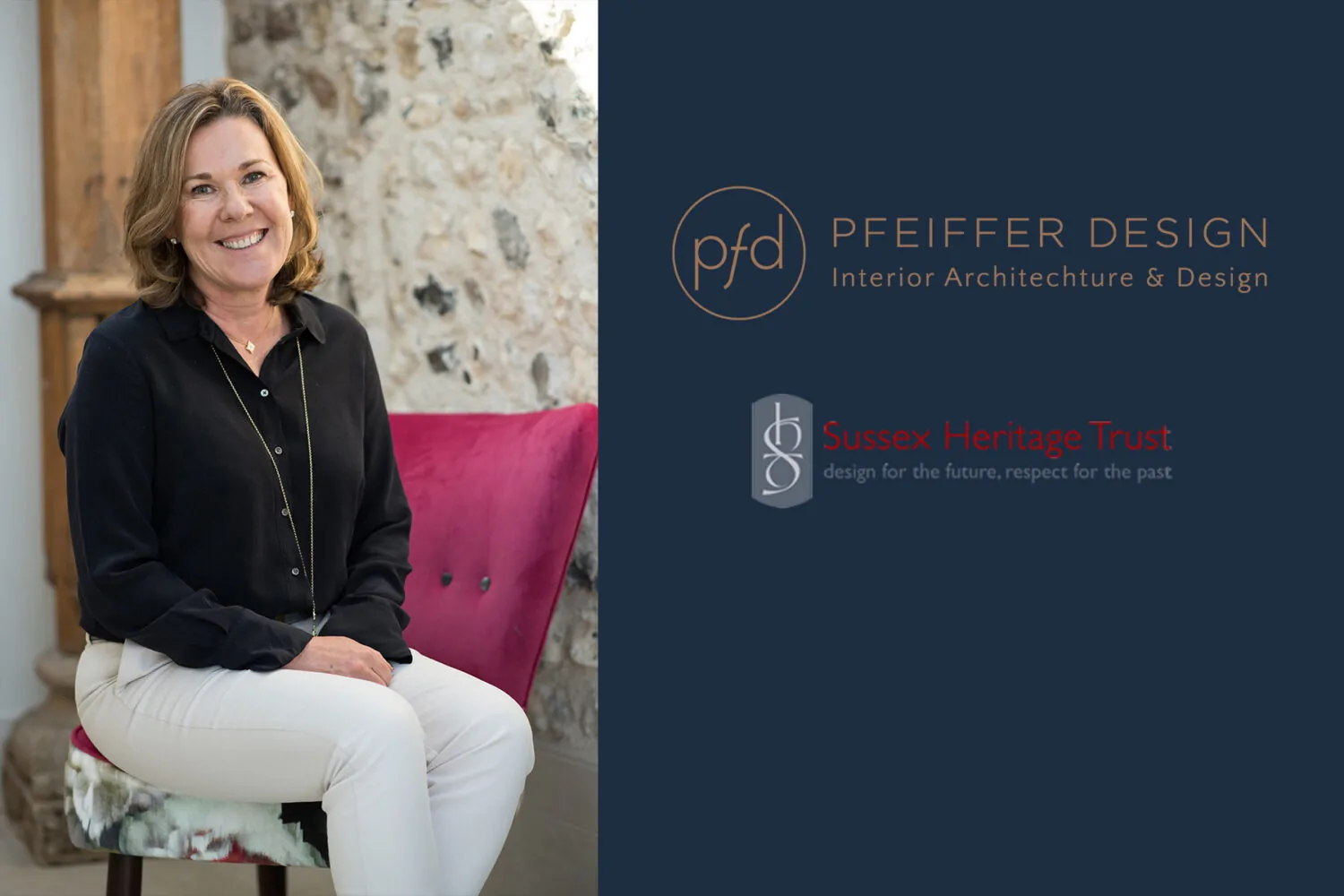 A woman smiles while sitting on a colorful chair in a well-lit room with a textured stone wall behind her, promoting interior design services.
