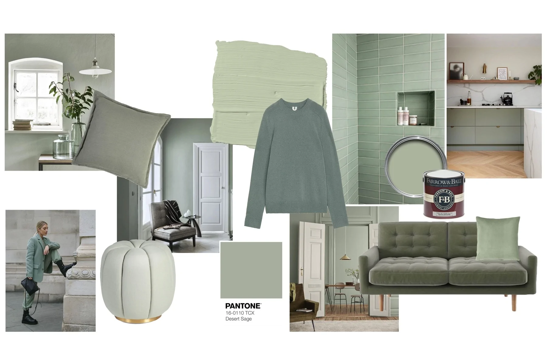 Sage green mood board with sofa, paint samples, tiles, soft furnishings
