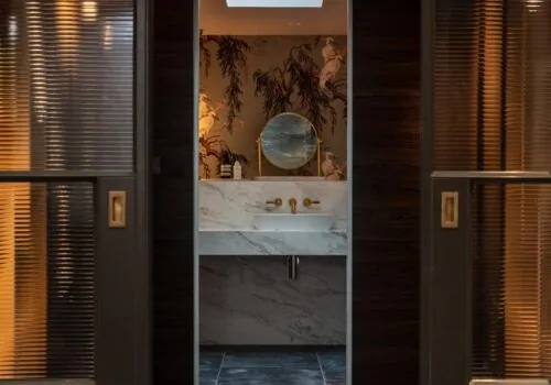 View of bathroom from sliding doors