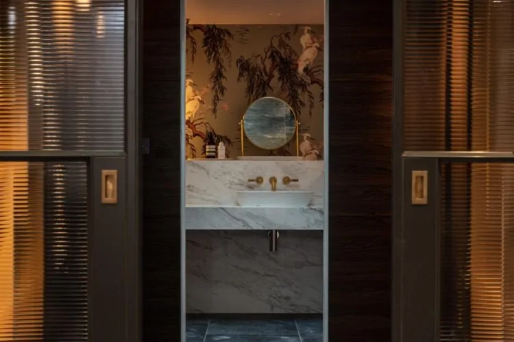 View of bathroom from sliding doors