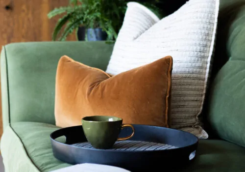 A green sofa features a brown and white pillow. A black tray holds a green cup, next to an open book on a light surface, with a background of shelves and a plant.