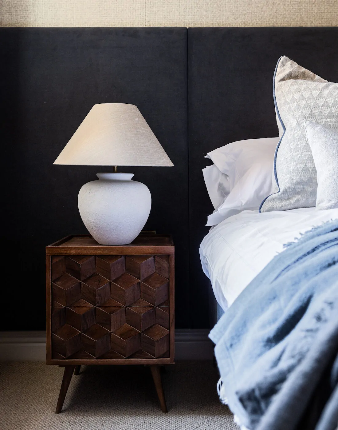Luxury Hove Second Home Apartment Bespoke Soft Furnishings and Headboard in Bedroom