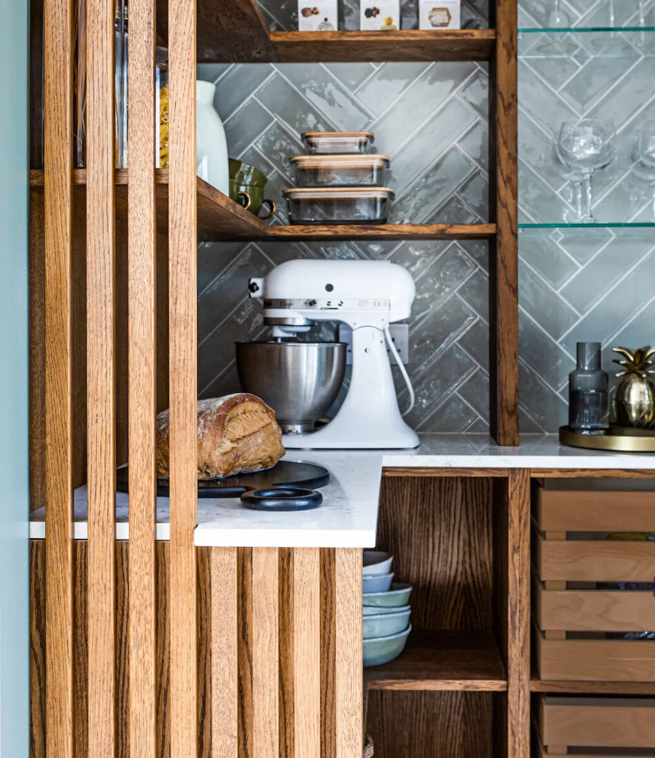 Walk-In Pantry with Kitchen Aid Stand Mixer, Blue Herringbone Tile Splashback, Ribbed Timber Joinery Detail