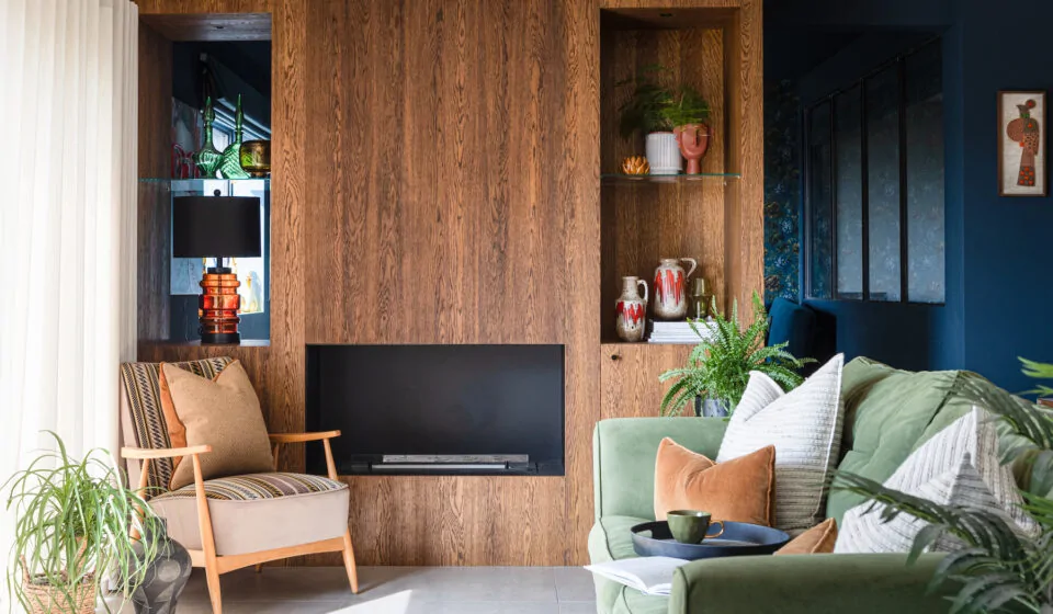 dual aspect media wall in our mid century modern beach house