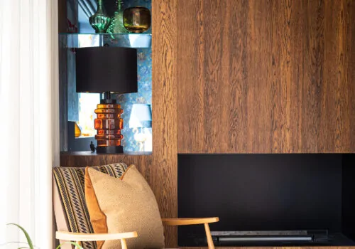 dual aspect media wall in our mid century modern beach house