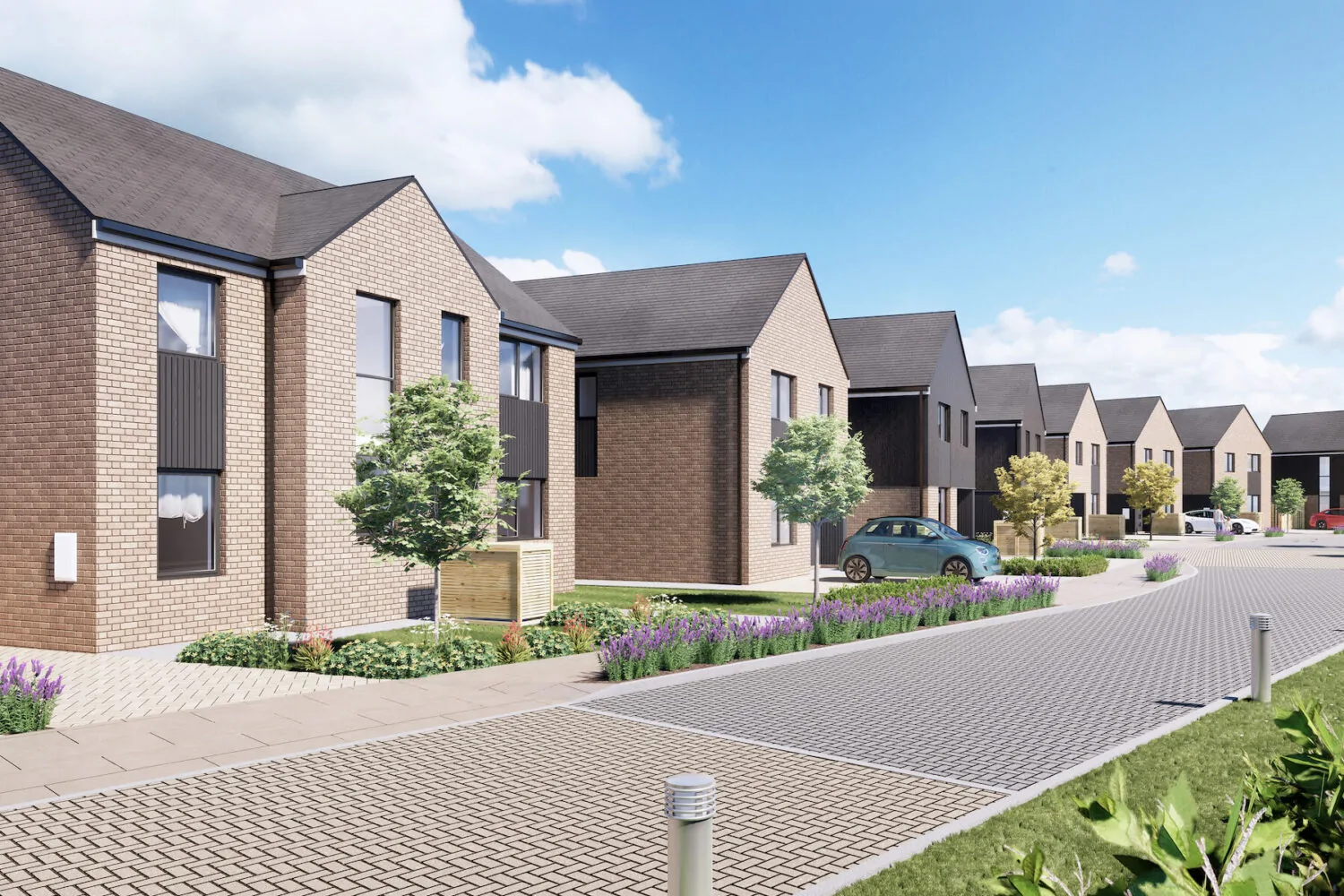 Render of property development street in Sussex - row of 10 houses with driveways and each with different interior design and architecture