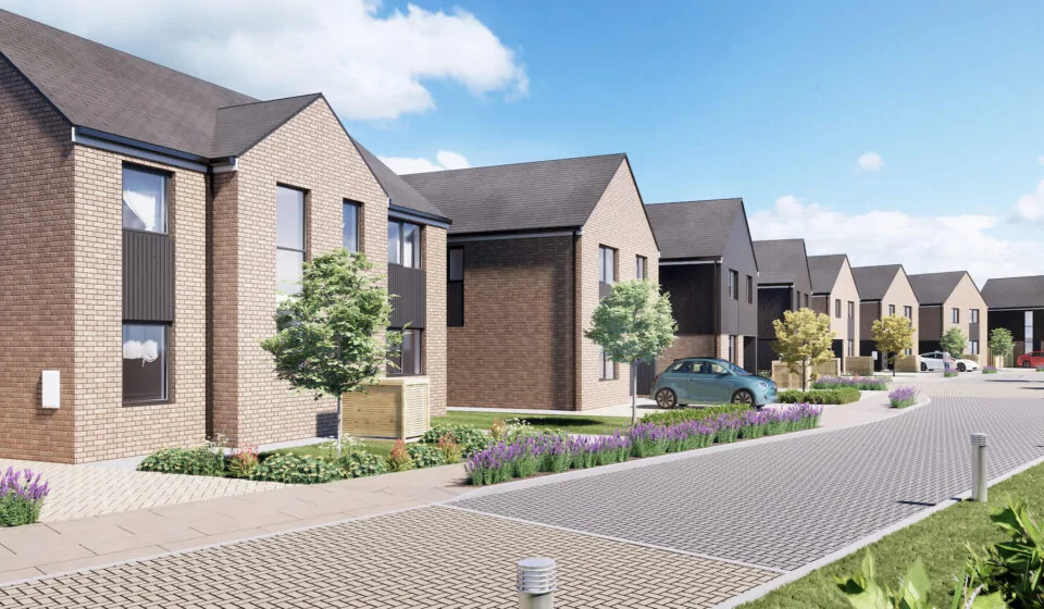 Render of property development street in Sussex - row of 10 houses with driveways and each with different interior design and architecture