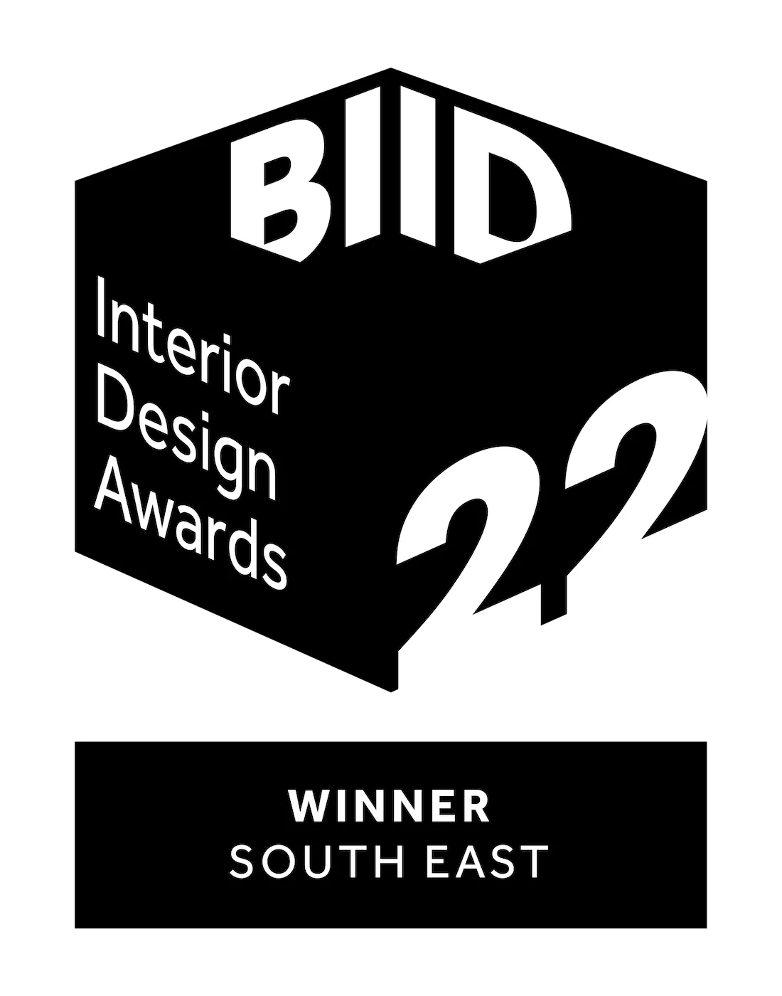 A hexagonal logo prominently displays "BIID Interior Design Awards 22," indicating a winner from the Southeast region. The design is sleek and modern, emphasizing recognition in interior design.