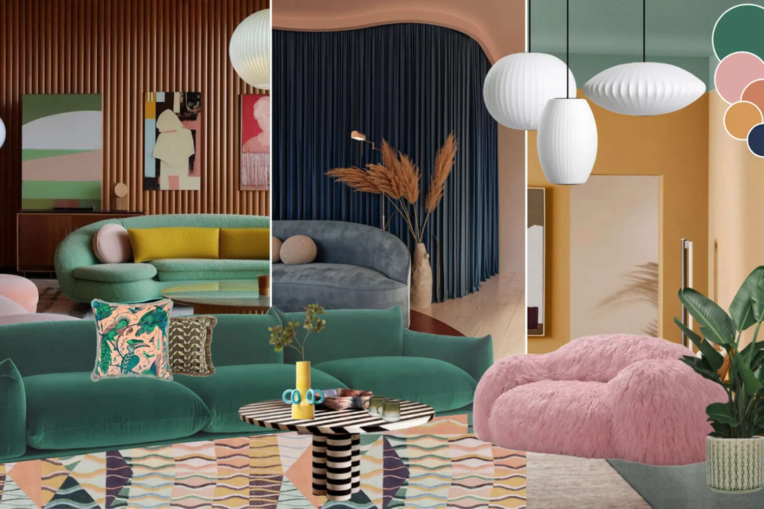 A series of stylish living room designs feature curved sofas, vibrant colours, and decorative plants. Each space showcases unique art and lighting, creating a modern, inviting atmosphere.