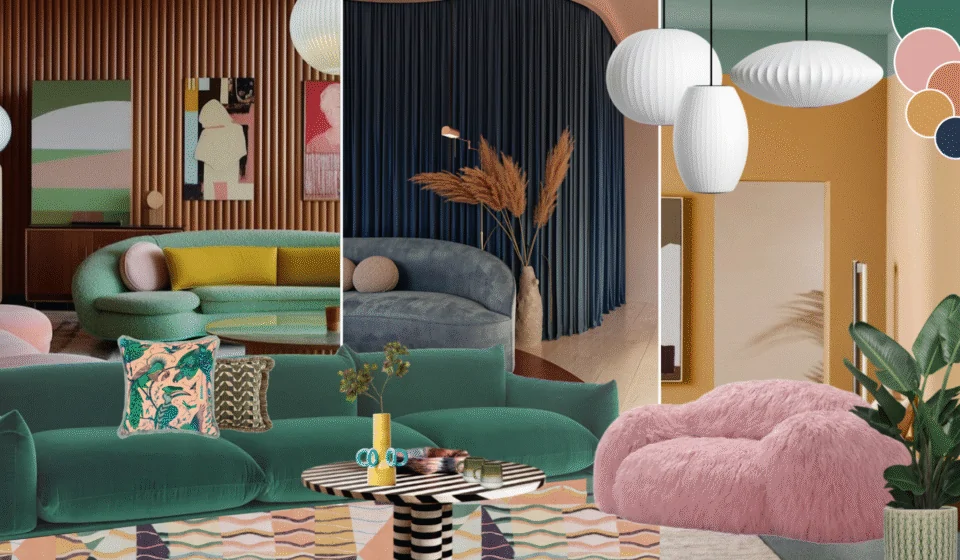 A series of stylish living room designs feature curved sofas, vibrant colours, and decorative plants. Each space showcases unique art and lighting, creating a modern, inviting atmosphere.