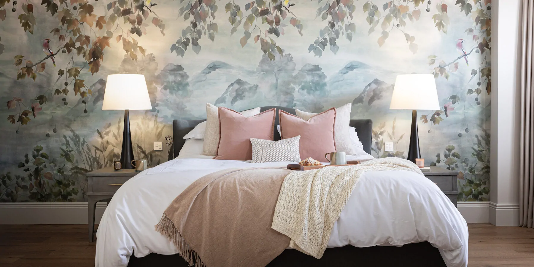 Contemporary Bedroom Designed with Bespoke headboard and Mural Wallpaper by Pfeiffer Design. Neutral colour palette with warm lighting design