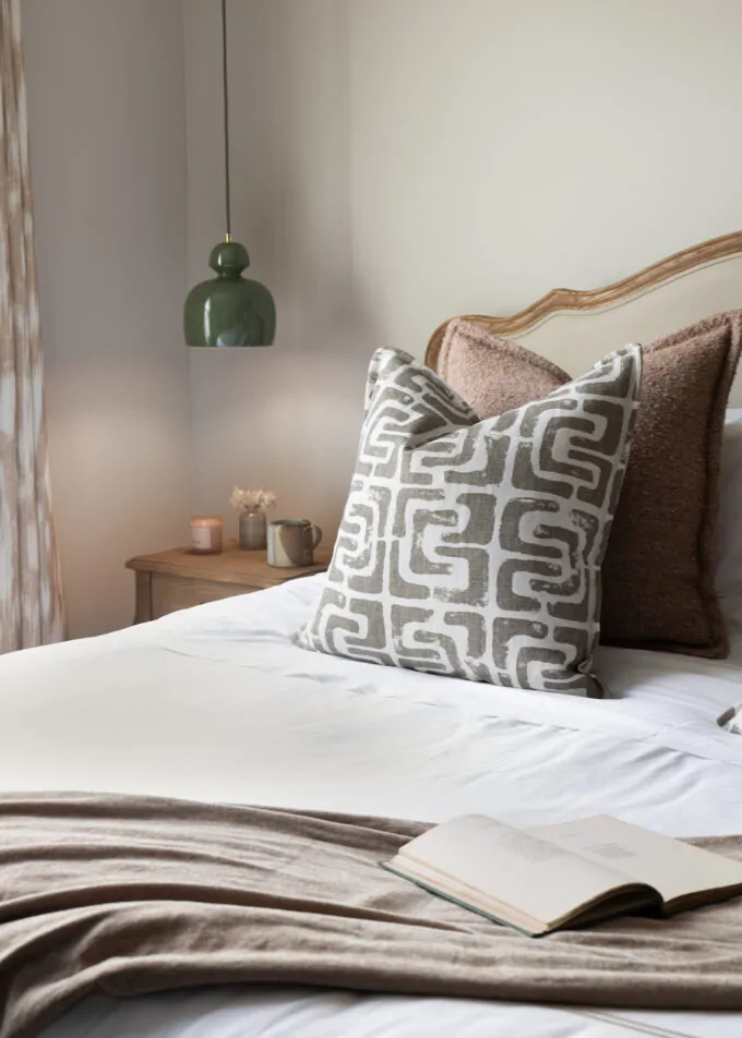 Contemporary Bedroom Designed with Bespoke headboard and Lighting Design by Pfeiffer Design. Neutral colour palette with warmth