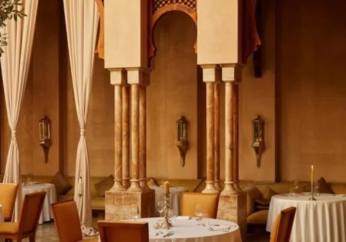 Hotel dining area design, terracotta tiles and marble pillars