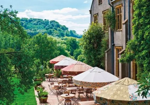 exterior view of restaurant outdoor seating with beautiful scenery